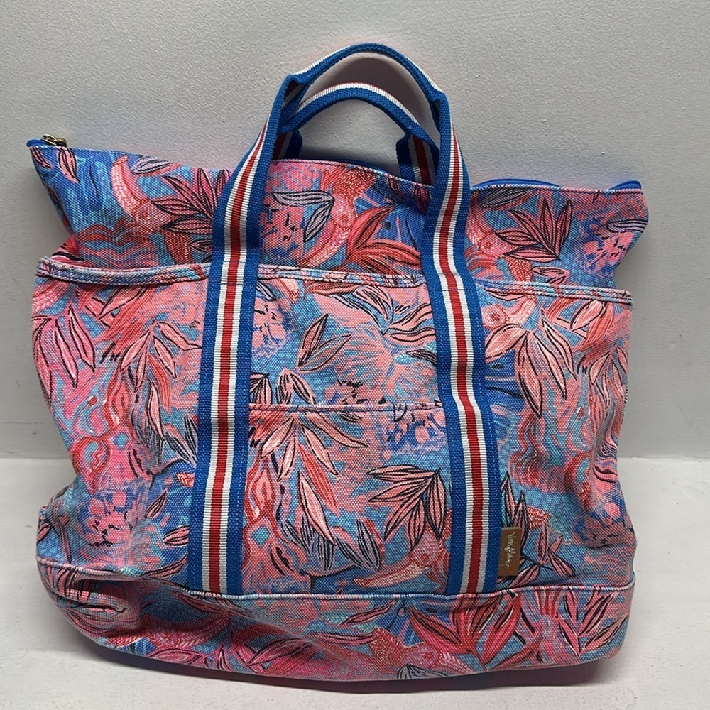 Lilly Pulitzer Mercato Tote Bag Shoulder Strapas Floral Ruby Red Wild Times Blue - Picture 4 of 10